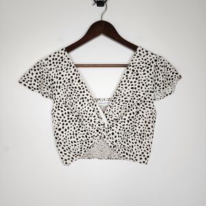 Midnight Sky Tan Polka Dot Flutter Sleeve Linen Blend Euro Summer Crop Top Med
